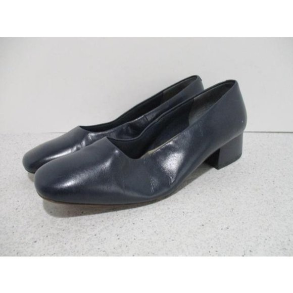 *Nordstrom Navy Blue Vintage Midnight Leather Upper Square Toe Low Pumps - Picture 6 of 9